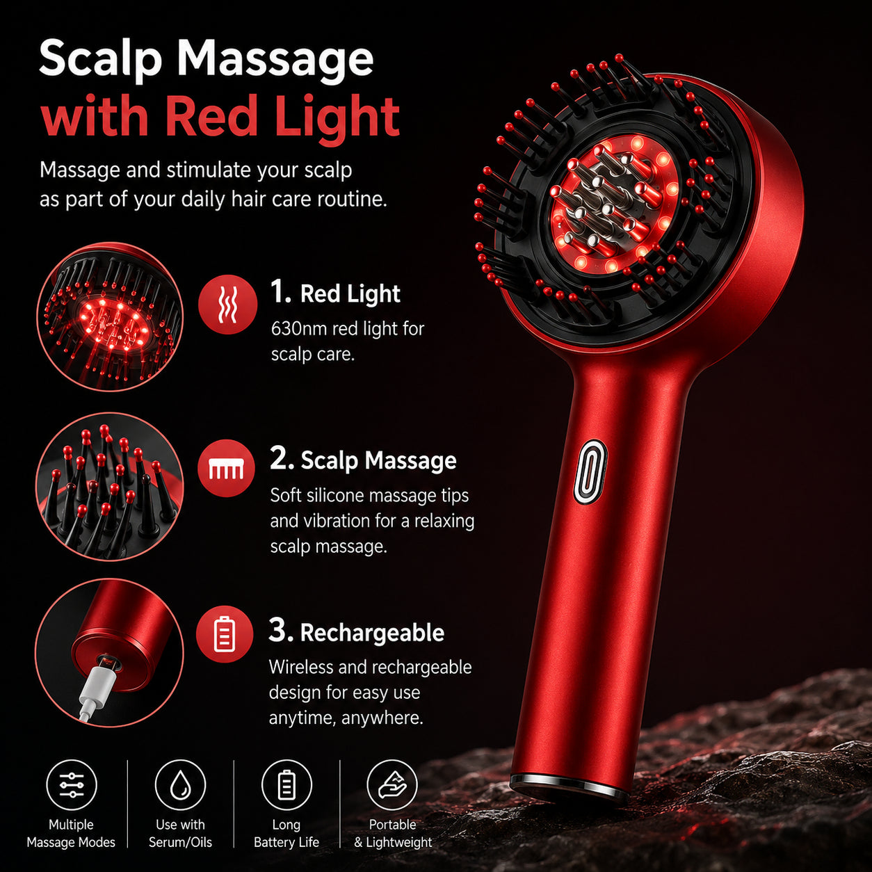 Massage du cuir chevelu avec une lumière rouge de 630 nm, des pointes de massage douces, de multiples modes de massage et un design rechargeable.