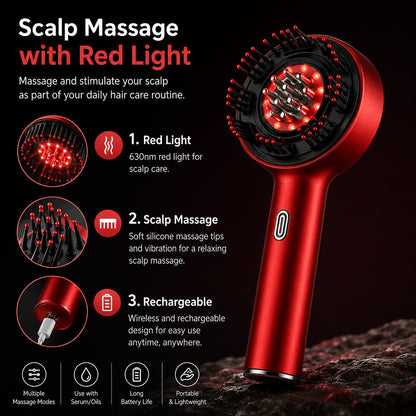 Massage du cuir chevelu avec une lumière rouge de 630 nm, des pointes de massage douces, de multiples modes de massage et un design rechargeable.