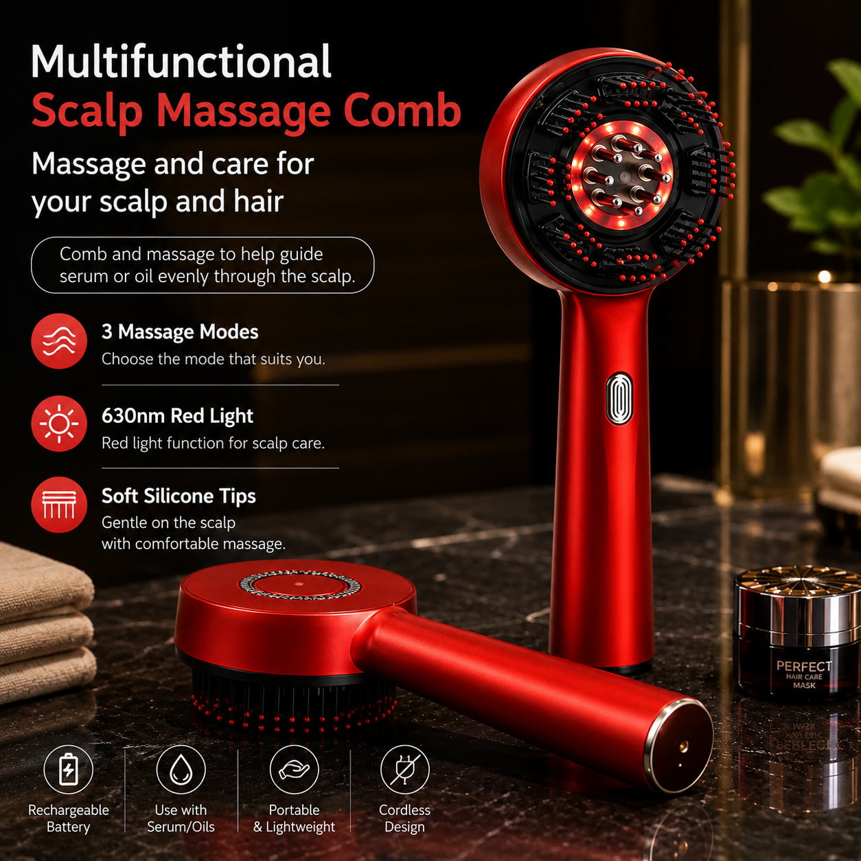 Massage du cuir chevelu avec une lumière rouge de 630 nm, trois modes de massage, des pointes en silicone doux et une fonction pour une utilisation avec du sérum ou de l'huile.