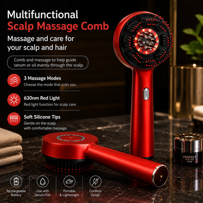 Massage du cuir chevelu avec une lumière rouge de 630 nm, trois modes de massage, des pointes en silicone doux et une fonction pour une utilisation avec du sérum ou de l'huile.