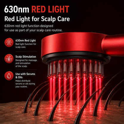 Massage du cuir chevelu avec une lumière rouge de 630 nm pour le massage et la stimulation du cuir chevelu ainsi que pour une utilisation avec des sérums et des huiles.
