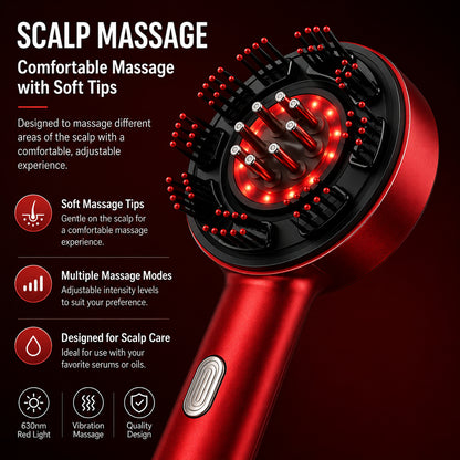 Massage du cuir chevelu avec des pointes de massage doux, des modes de massage multiples, un massage vibratoire et une lumière rouge de 630 nm.