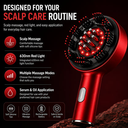 Massage du cuir chevelu avec une lumière rouge de 630 nm, des pointes en silicone doux, un massage par vibrations, plusieurs modes de massage et l'application de sérum ou d'huile.