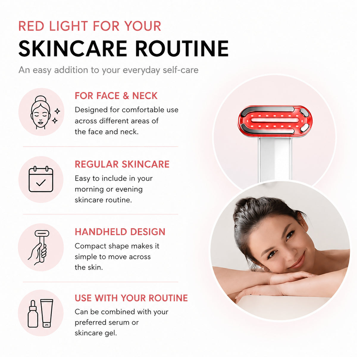 Appareil de soin de la peau à lumière rouge pour le visage et le cou, dans le cadre d’une routine de soins quotidienne.