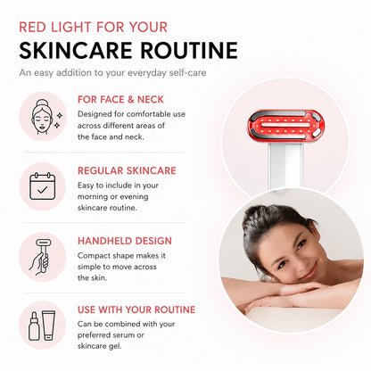 Appareil de soin de la peau à lumière rouge pour le visage et le cou, dans le cadre d’une routine de soins quotidienne.