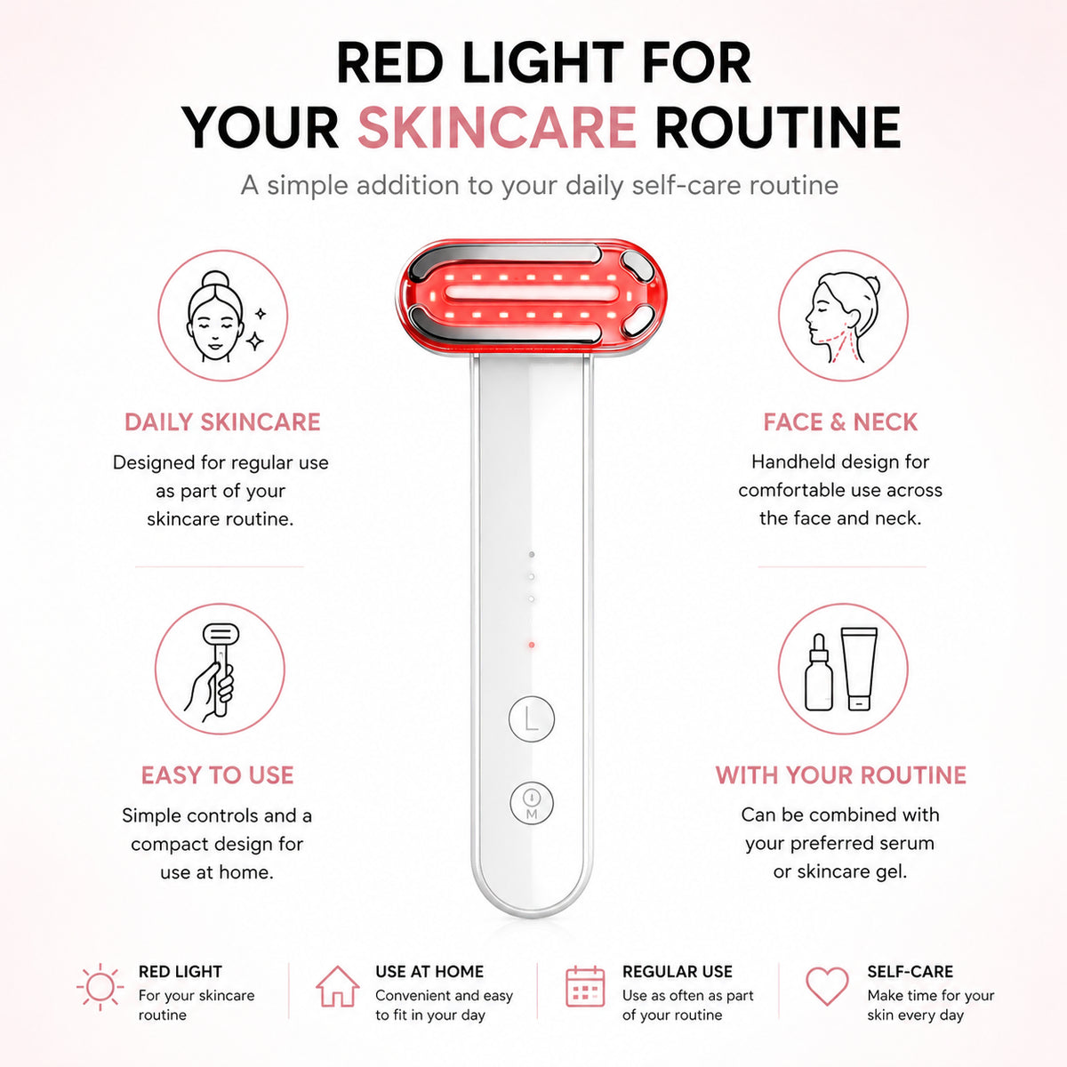 Appareil de soin de la peau à lumière rouge pour le visage et le cou, conçu pour une utilisation régulière dans la routine de soins.