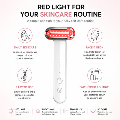 Appareil de soin de la peau à lumière rouge pour le visage et le cou, conçu pour une utilisation régulière dans la routine de soins.