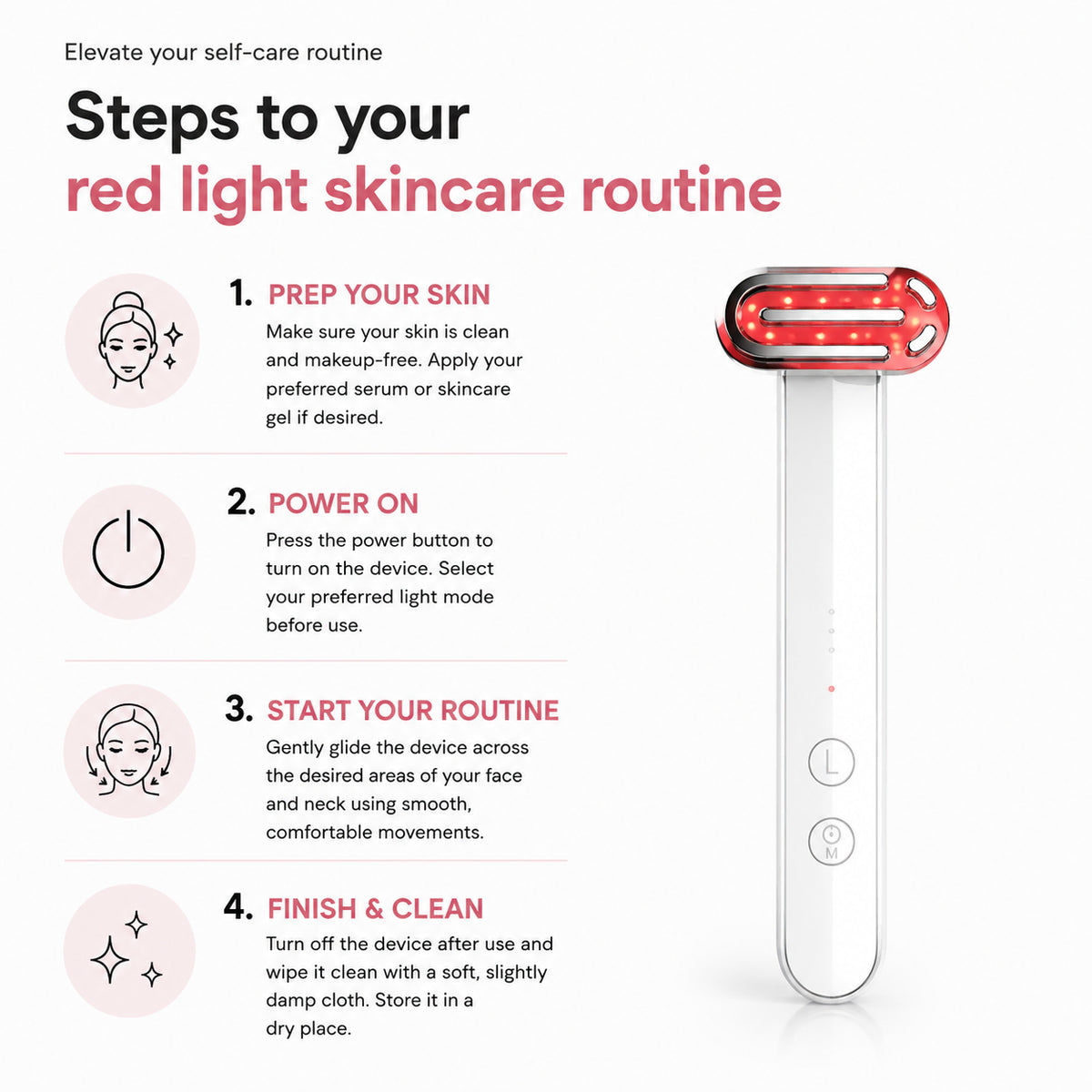 Appareil de soin de la peau à lumière rouge avec guide pas à pas pour une utilisation dans la routine de soins quotidienne.