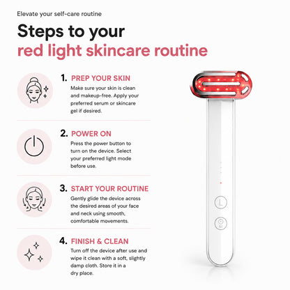 Appareil de soin de la peau à lumière rouge avec guide pas à pas pour une utilisation dans la routine de soins quotidienne.