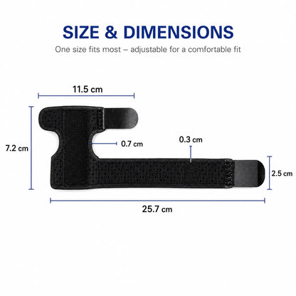 Justerbar fingerskena med måttangivelser som visar storlek, passform och design för stabilisering och stöd av fingret.