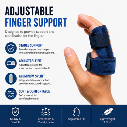 Attelle de doigt réglable avec renfort en aluminium, sangles réglables et informations sur la stabilisation, l’ajustement et la matière.