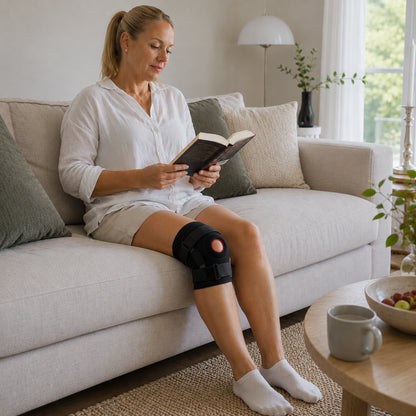 Une femme utilise une genouillère réglable avec rotule ouverte en lisant à la maison.