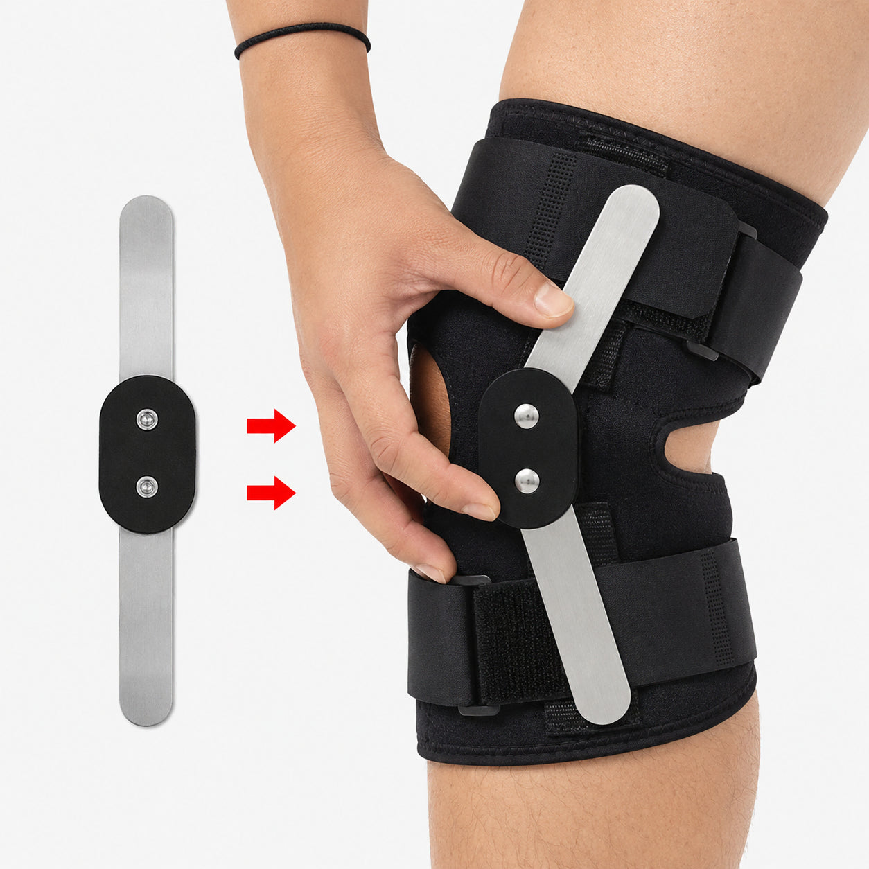 Genouillère réglable avec stabilisateurs latéraux en aluminium pour plus de stabilité et de soutien.