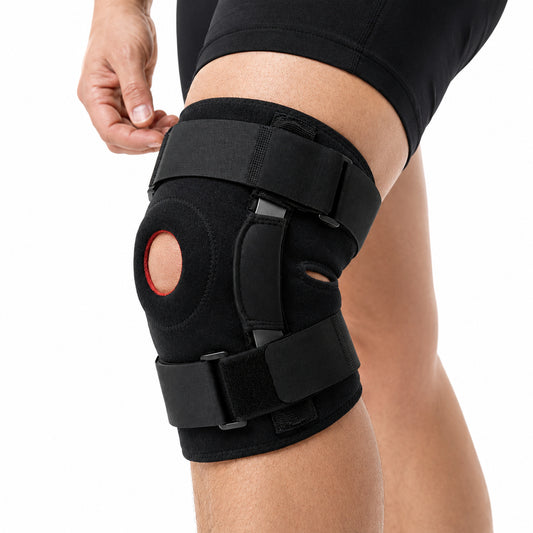 Genouillère réglable avec rotule ouverte, soutien latéral et sangles stabilisatrices.