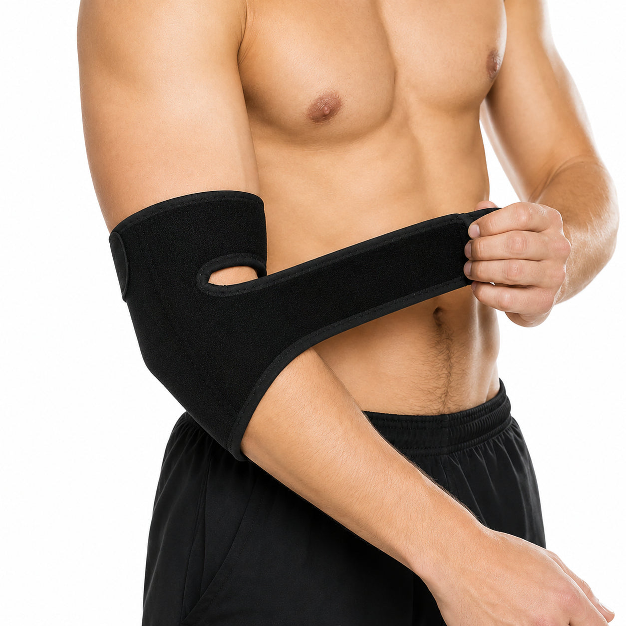 Coudière réglable avec bande velcro offrant compression et soutien autour du coude.