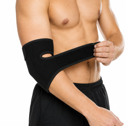 Coudière réglable avec bande velcro offrant compression et soutien autour du coude.