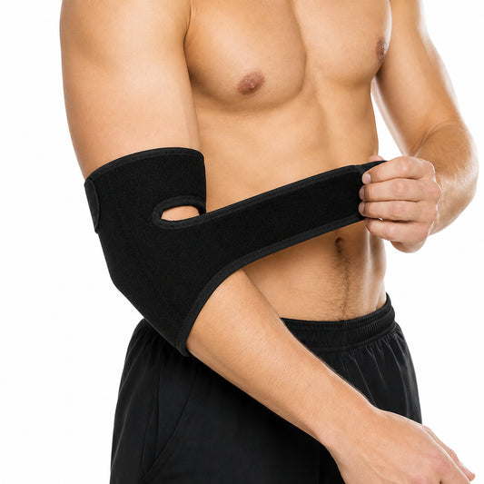 Coudière réglable avec bande velcro offrant compression et soutien autour du coude.