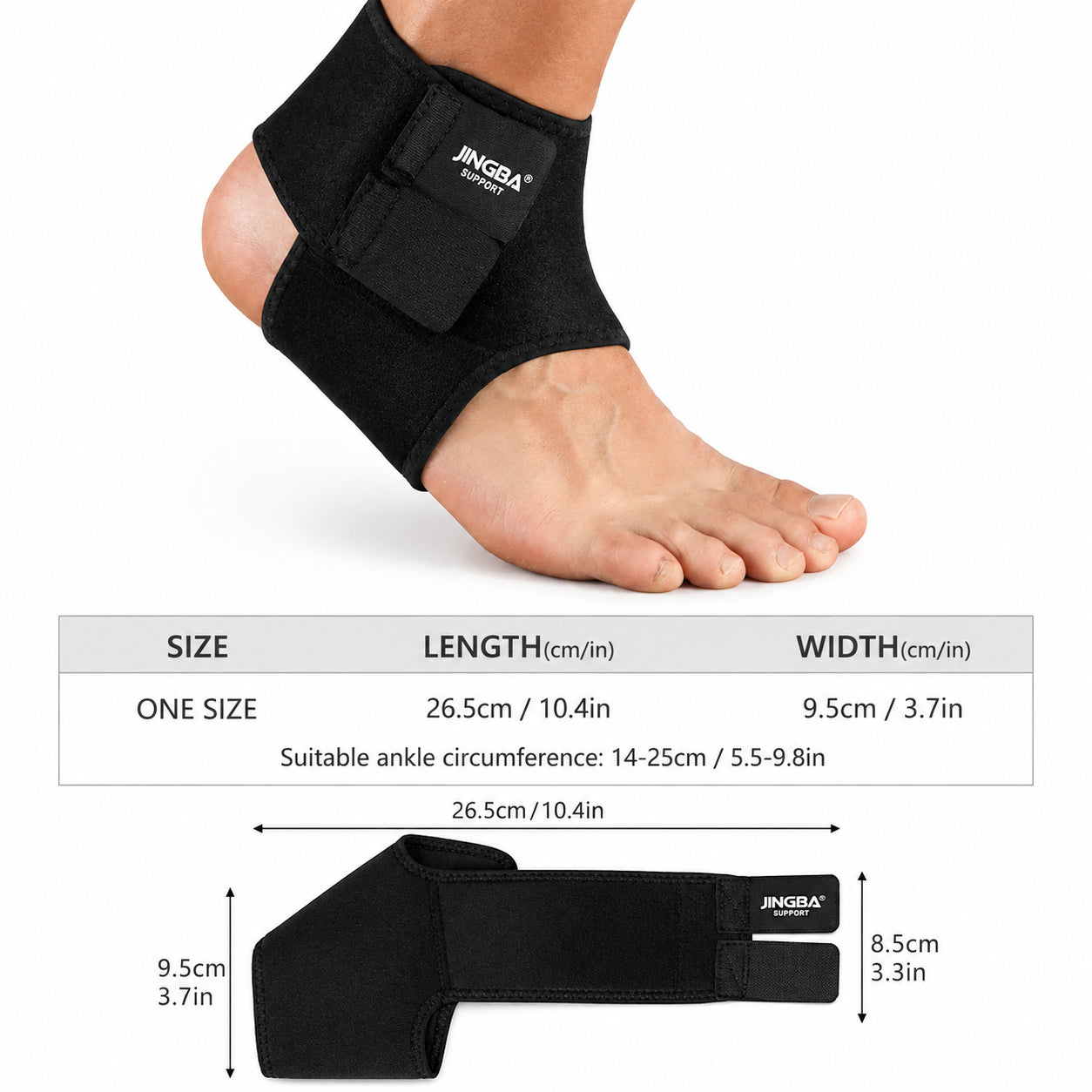 Guide des tailles pour chevillère réglable avec dimensions du produit et tour de cheville recommandé pour un ajustement optimal.