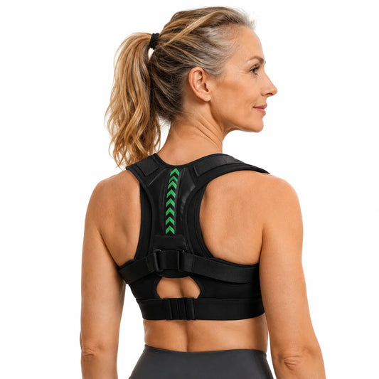 Femme portant un gilet correcteur de posture pour le dos et les épaules qui aide à améliorer la posture et à soutenir le haut du dos.