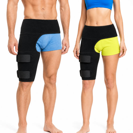 Homme et femme portant un soutien de hanche en néoprène offrant compression, stabilité et soutien pour la hanche et la cuisse.