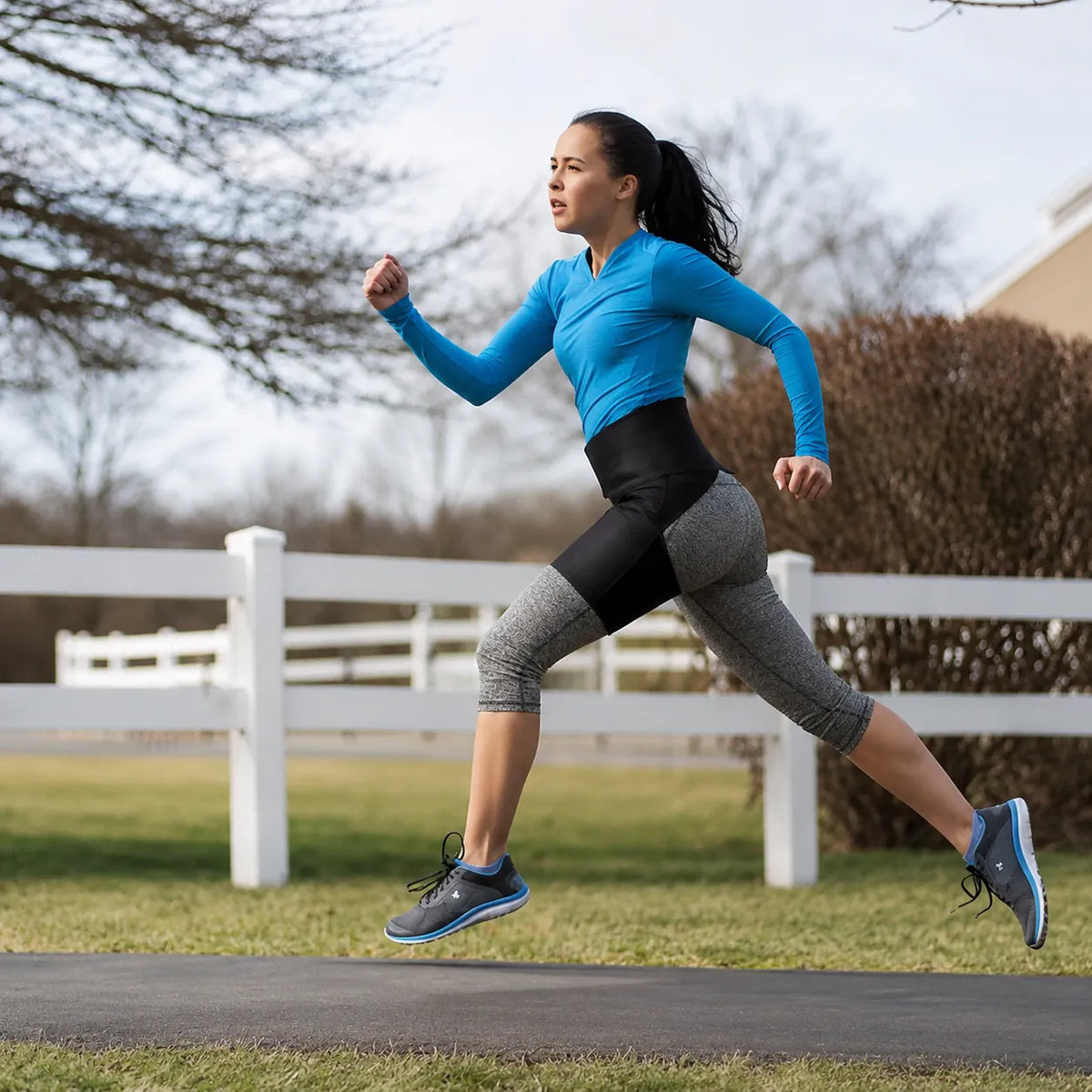Femme courant avec un soutien de hanche en néoprène offrant compression, stabilité et soutien à l'entraînement.
