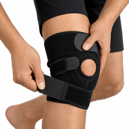 Une personne ajuste une genouillère réglable à rotule ouverte pour un soutien, une compression et une stabilité supplémentaires.