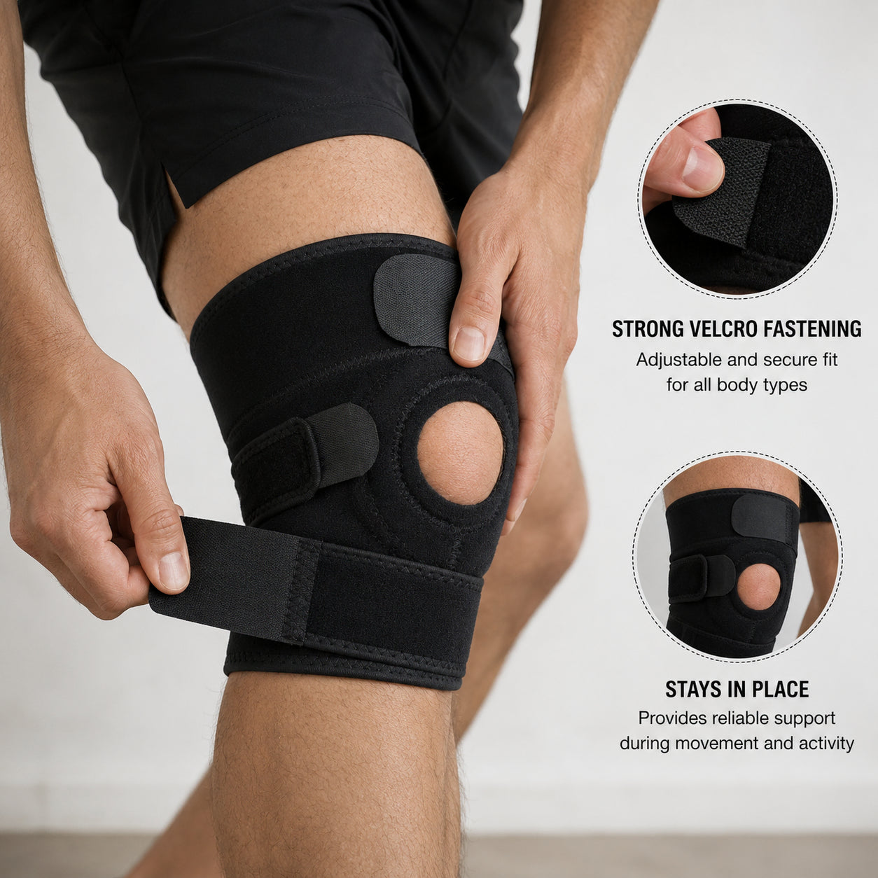 Genouillère réglable à rotule ouverte avec fermeture velcro renforcée et soutien stable en mouvement et pendant l'activité.