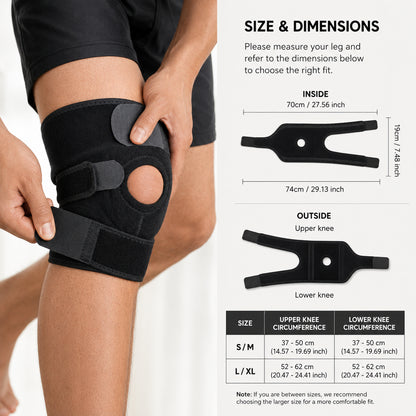 Guide des tailles pour genouillère réglable à rotule ouverte avec dimensions du produit et tours de genou recommandés pour un bon ajustement.