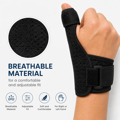Justerbart tum- och handledsstöd i ventilerande material med rem för bekväm och anpassad passform.