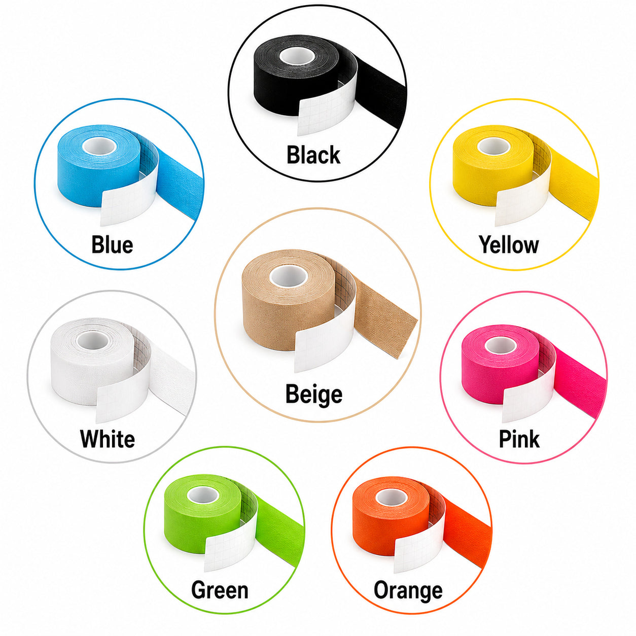 Bande de kinésiologie en plusieurs couleurs : beige, noir, bleu, blanc, jaune, rose, vert et orange.