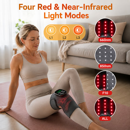 Massage du genou à la lumière rouge et proche infrarouge en 660 nm et 850 nm ainsi que plusieurs modes de lumière.
