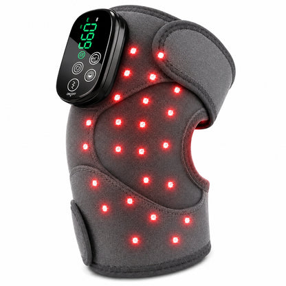 Massage du genou avec lumière rouge, vibration et ajustement réglable.