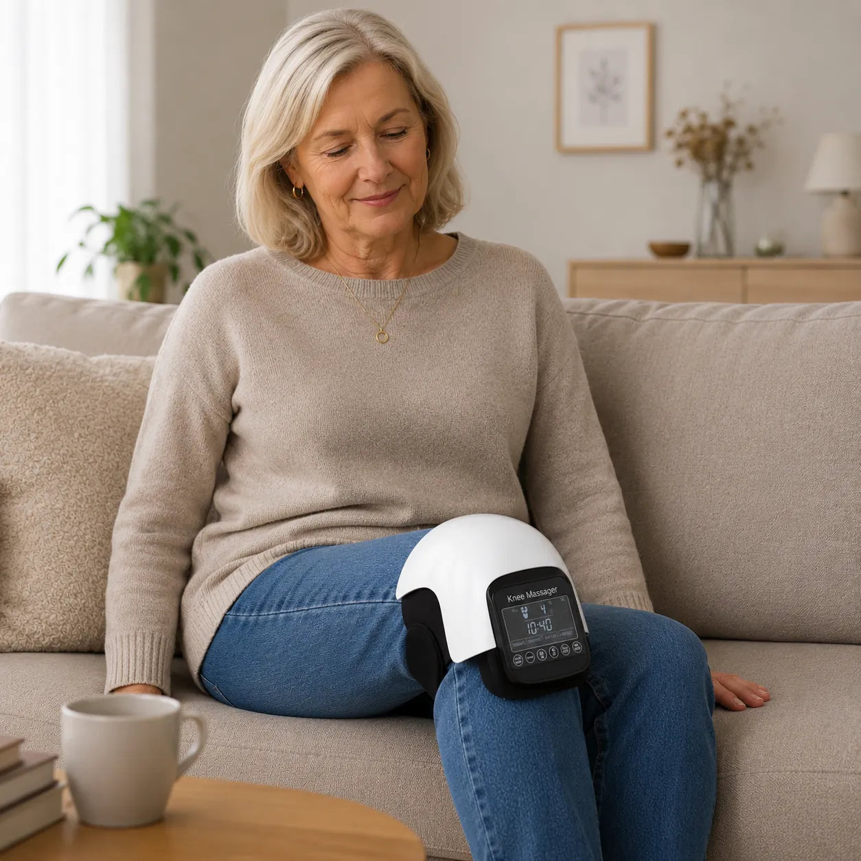 Äldre kvinna använder knämassage med värme och vibration hemma i soffan för avslappning och stöd till knäleden.