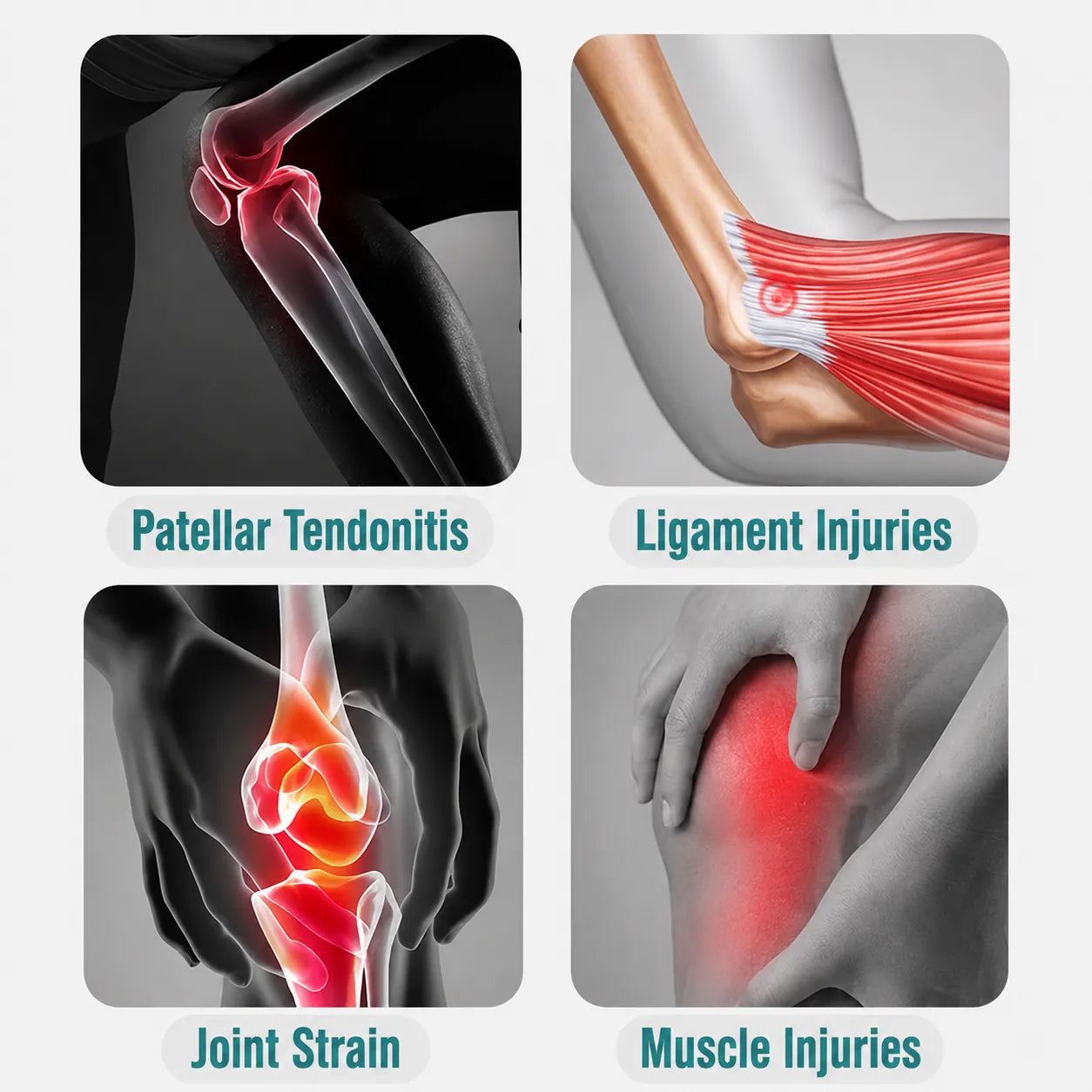 Illustration av vanliga knäbesvär som patellarsenetendinit, ligamentskador, ledsmärta och muskelbesvär.