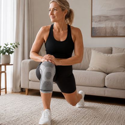 Une femme fait une fente à l'intérieur et porte une genouillère de compression à ressorts pour la stabilité et le soutien.