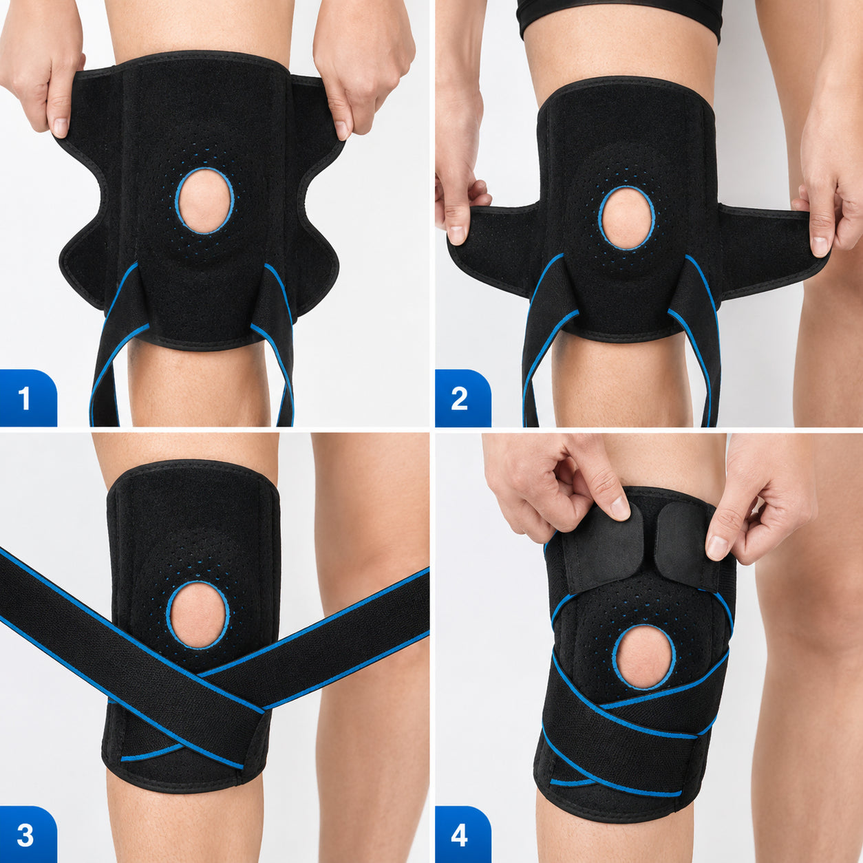 Illustration montrant étape par étape comment mettre et ajuster la genouillère avec doubles stabilisateurs latéraux pour un ajustement optimal.