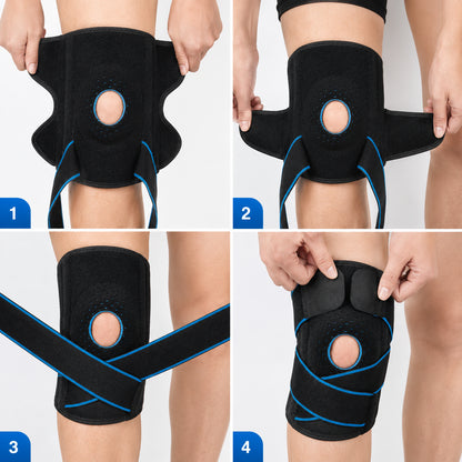 Illustration montrant étape par étape comment mettre et ajuster la genouillère avec doubles stabilisateurs latéraux pour un ajustement optimal.