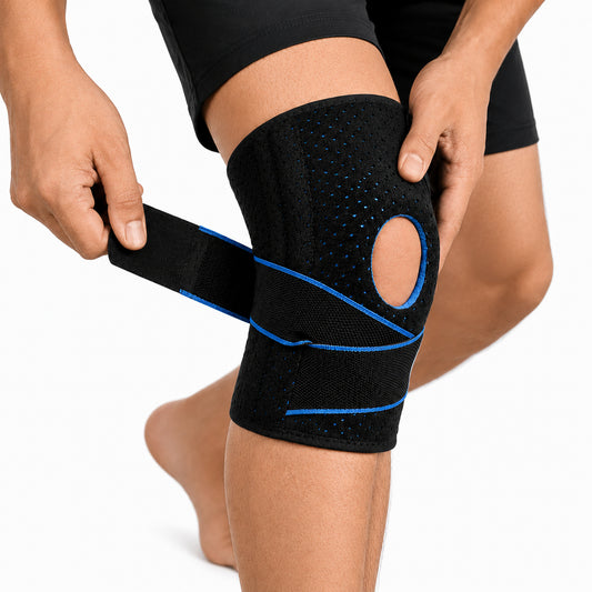 Genouillère avec doubles stabilisateurs latéraux et bande de compression réglable pour un soutien supplémentaire autour de l'articulation du genou.