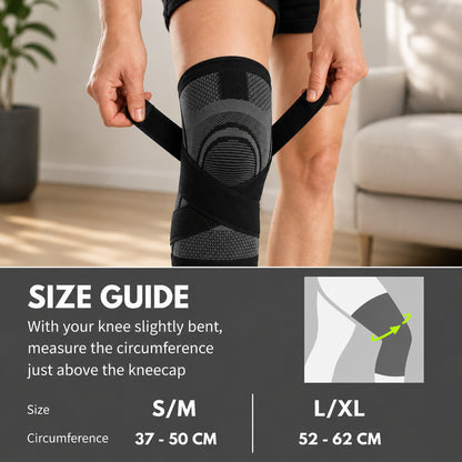 Guide des tailles pour genouillère de compression avec sangles à boucle et instructions de mesure pour un bon ajustement.