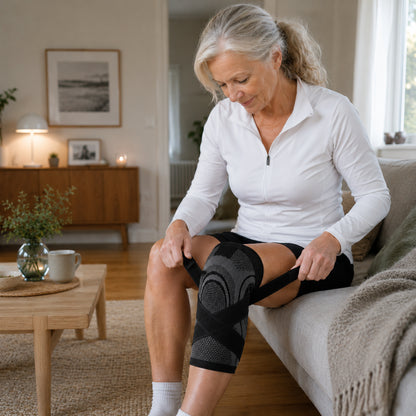 Une femme âgée ajuste une genouillère de compression avec sangles à boucle à la maison pour un soutien et une stabilité supplémentaires autour du genou.