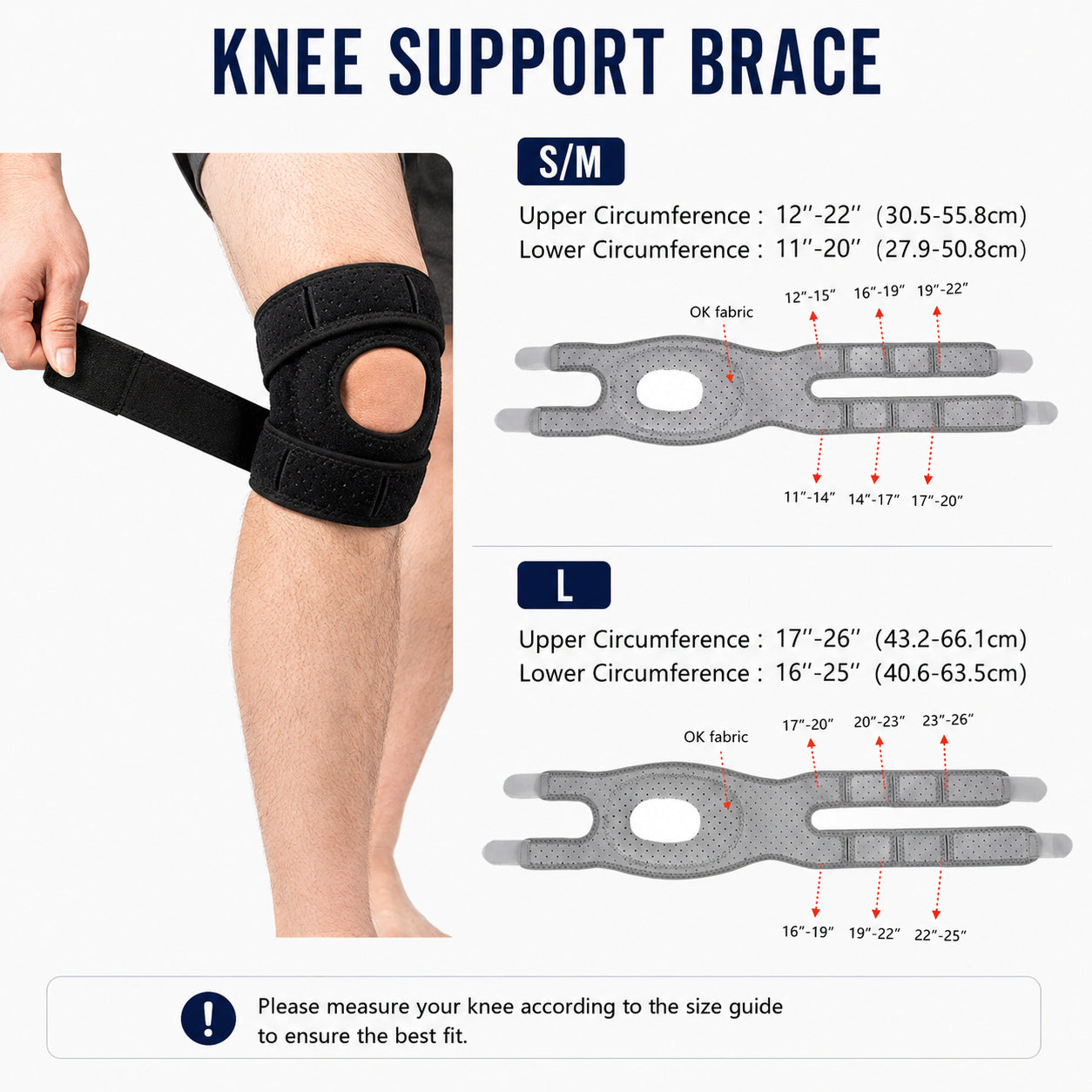 Guide des tailles pour genouillère réglable avec dimensions pour les tailles S/M et L ainsi que les tours de genou recommandés.