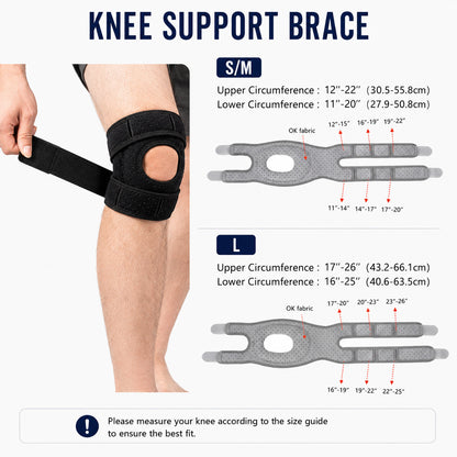 Guide des tailles pour genouillère réglable avec dimensions pour les tailles S/M et L ainsi que les tours de genou recommandés.