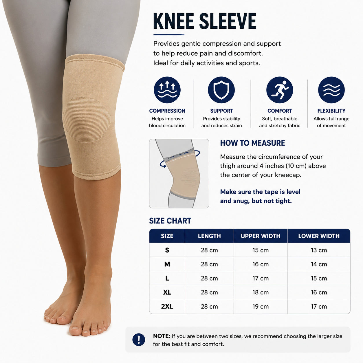 Guide des tailles et mesures pour genouillère élastique avec compression légère et tableau des tailles.