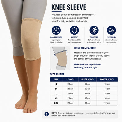 Guide des tailles et mesures pour genouillère élastique avec compression légère et tableau des tailles.