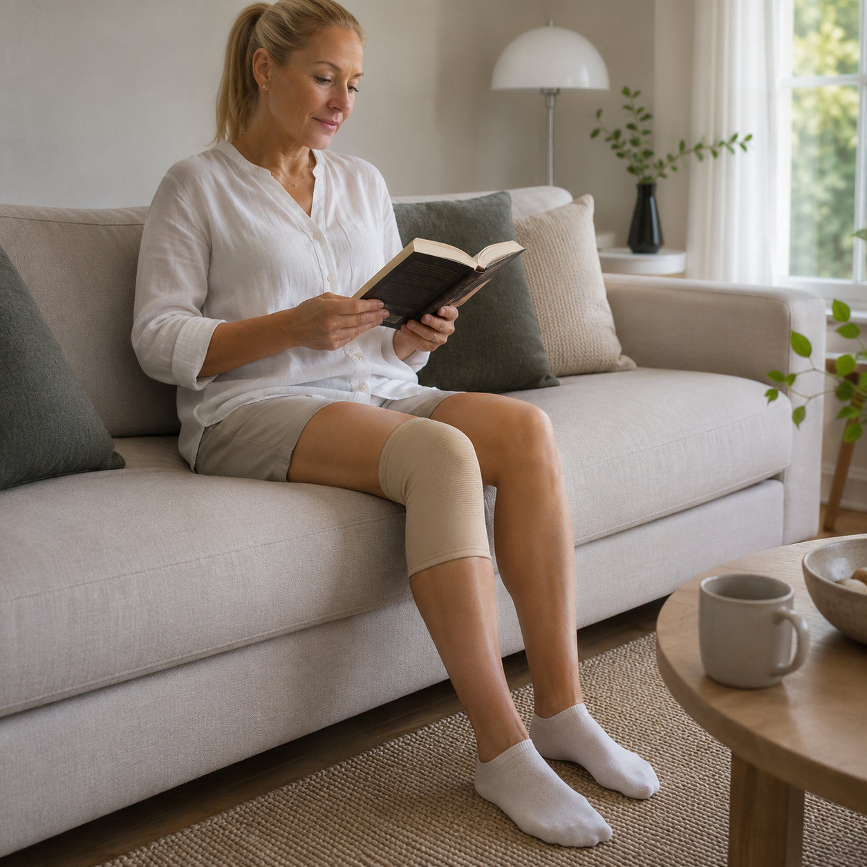 Une femme utilise une genouillère élastique avec compression légère en lisant à la maison.