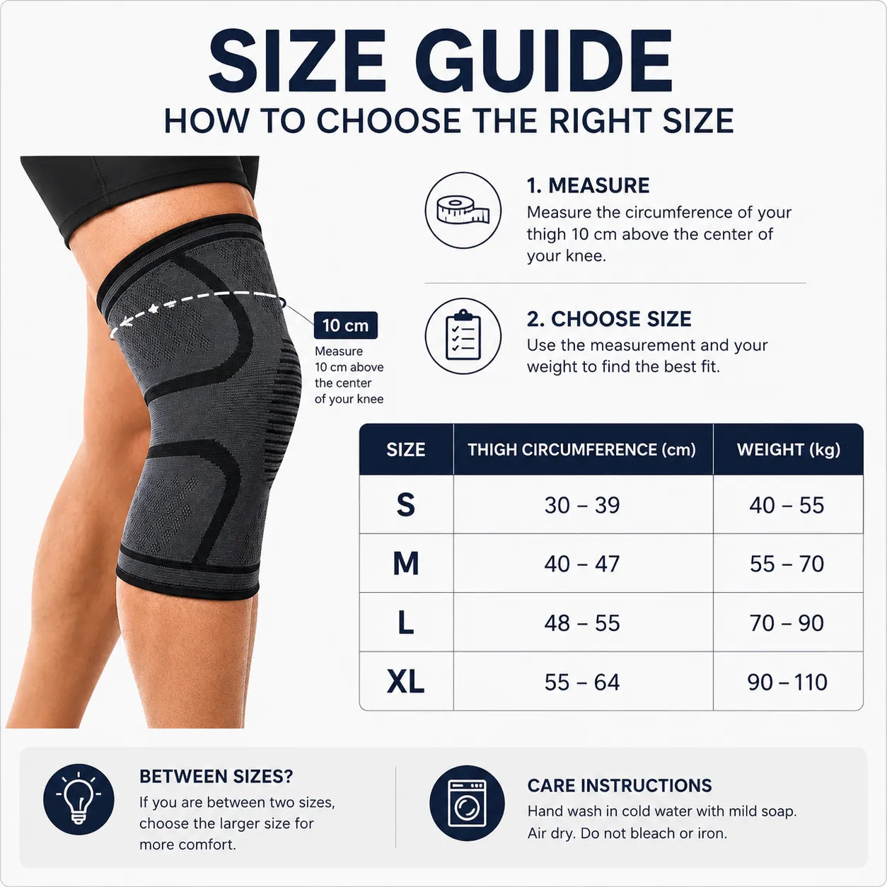 Guide des tailles d’une genouillère élastique avec mesures du tour de cuisse, poids et tailles du S au XL.