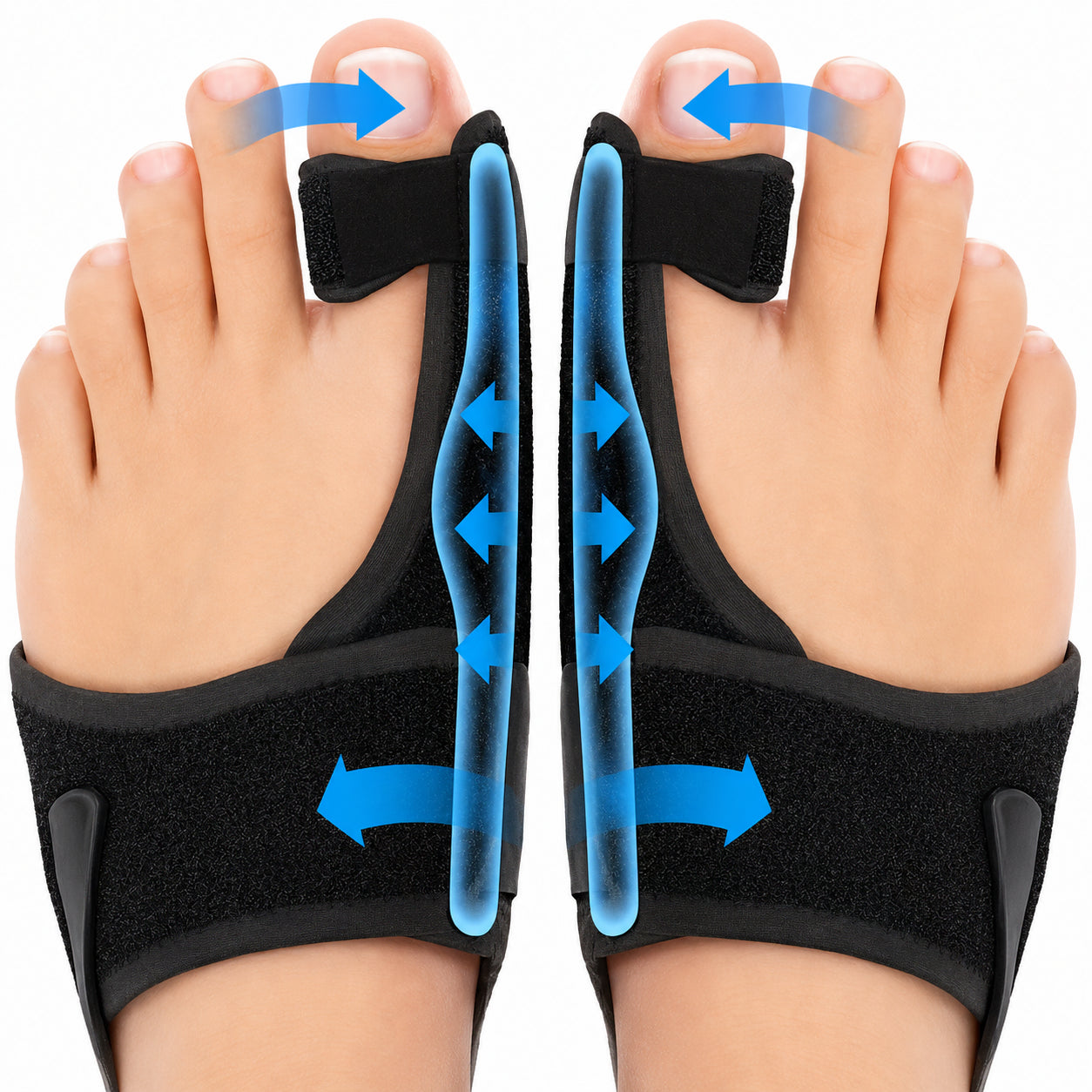 Infographie montrant comment une attelle de nuit pour hallux valgus aide à redresser le gros orteil et apporte un soutien stable pour une meilleure position de l'orteil pendant le repos.