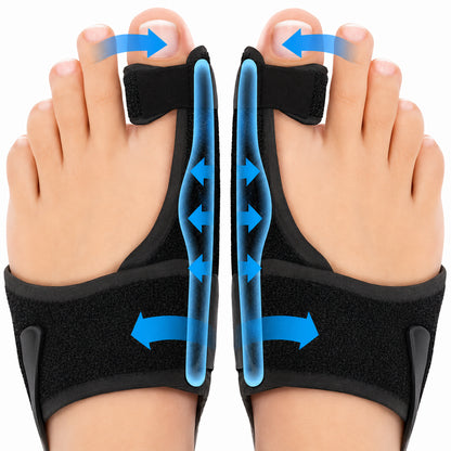 Infographie montrant comment une attelle de nuit pour hallux valgus aide à redresser le gros orteil et apporte un soutien stable pour une meilleure position de l'orteil pendant le repos.