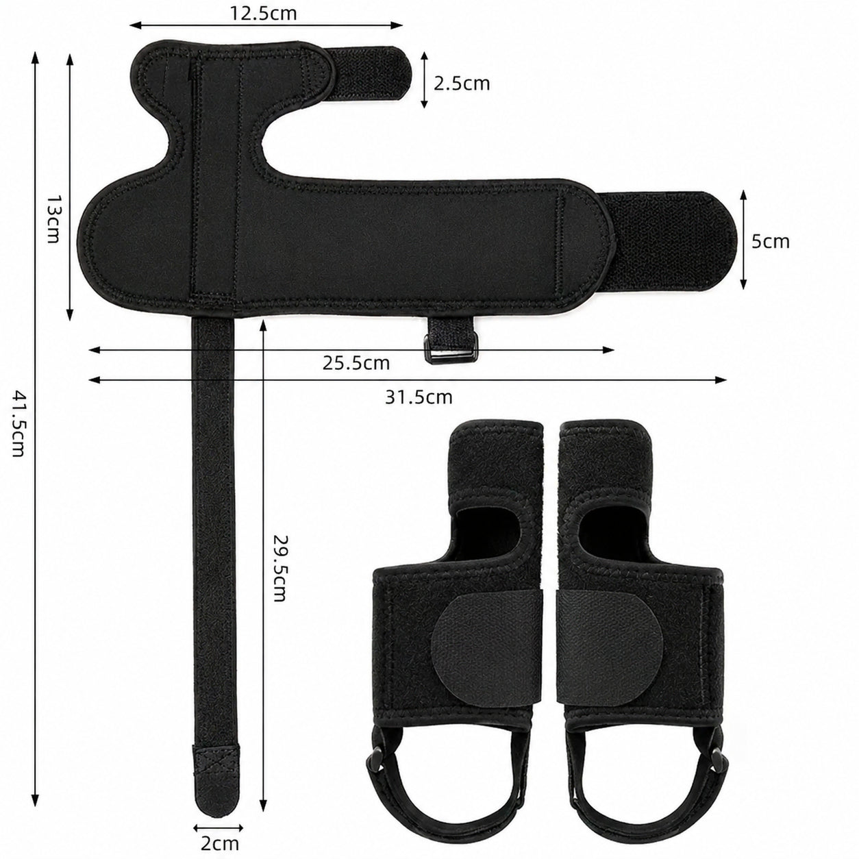 Guide des tailles montrant les dimensions et le design du produit pour attelle de nuit pour hallux valgus avec bandes velcro réglables.