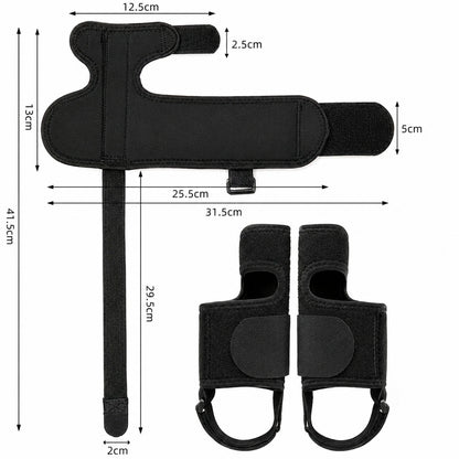 Guide des tailles montrant les dimensions et le design du produit pour attelle de nuit pour hallux valgus avec bandes velcro réglables.